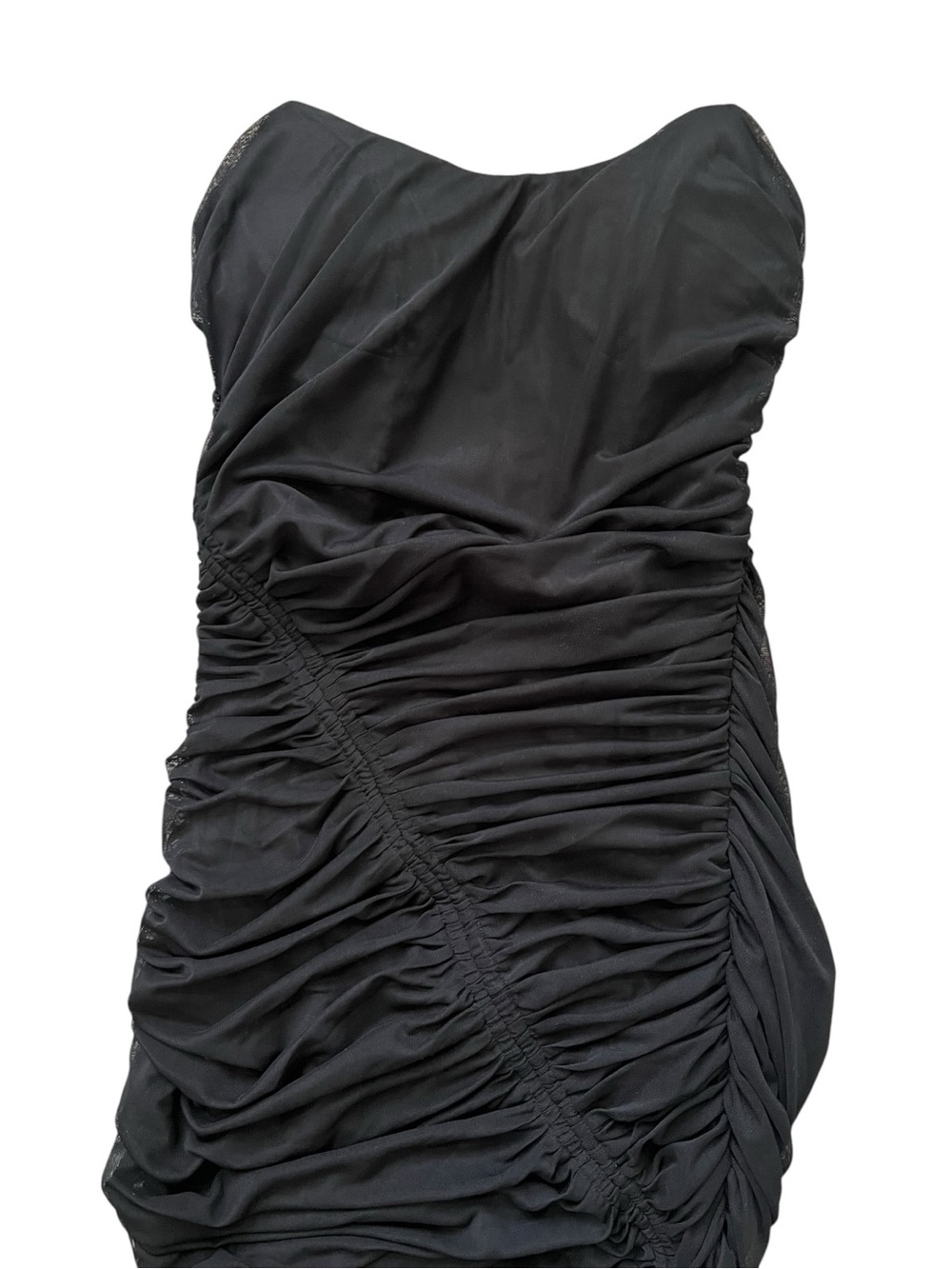 MABLE Simone Black Ruched Mesh Asymmetrical Drawstring Midi Dress Bodycon M - Picture 4 of 6